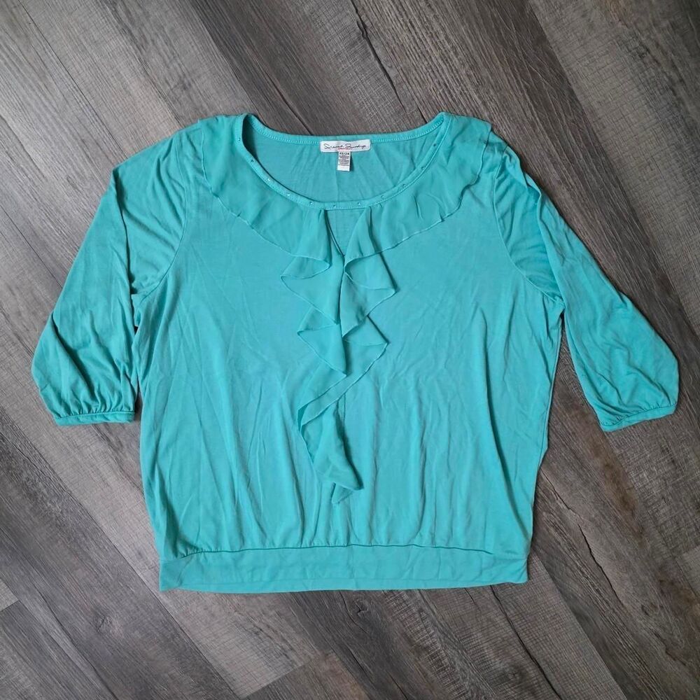 French Laundry Womens Teal Blue Ruffle Neck 3/4 Sleeve Blouse Plus Size 22W 24W